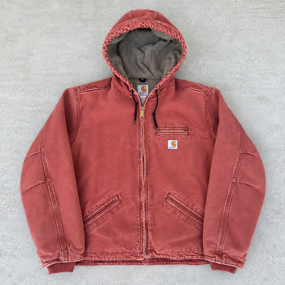 Carhartt Women Sandstone Active Jacket Medium Red Rose Sherpa Lined Hooded Coat